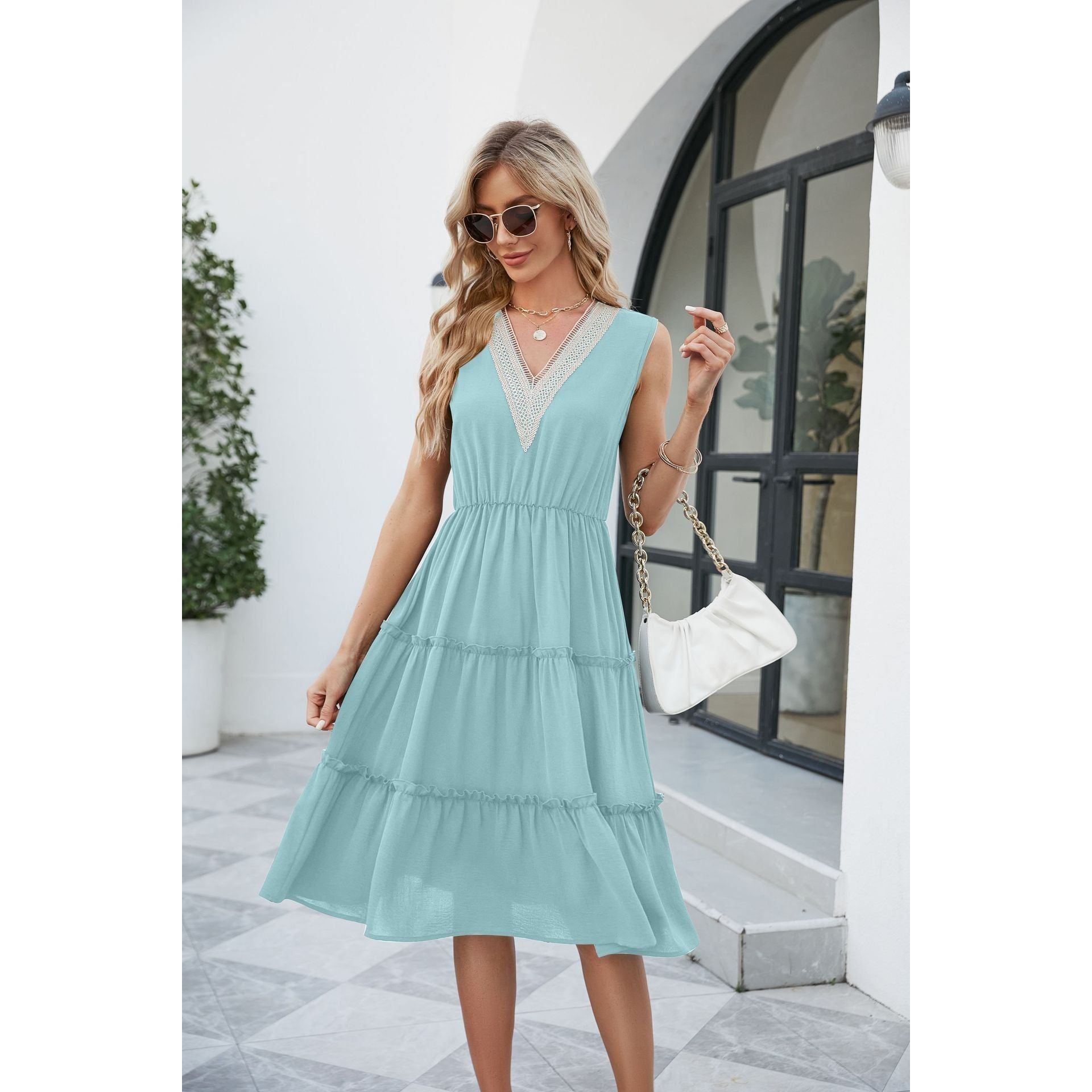 V-neck Dresses Women Sleeveless Pleated Ruffle Elegant Dress Beach Summer - Jointcorp
