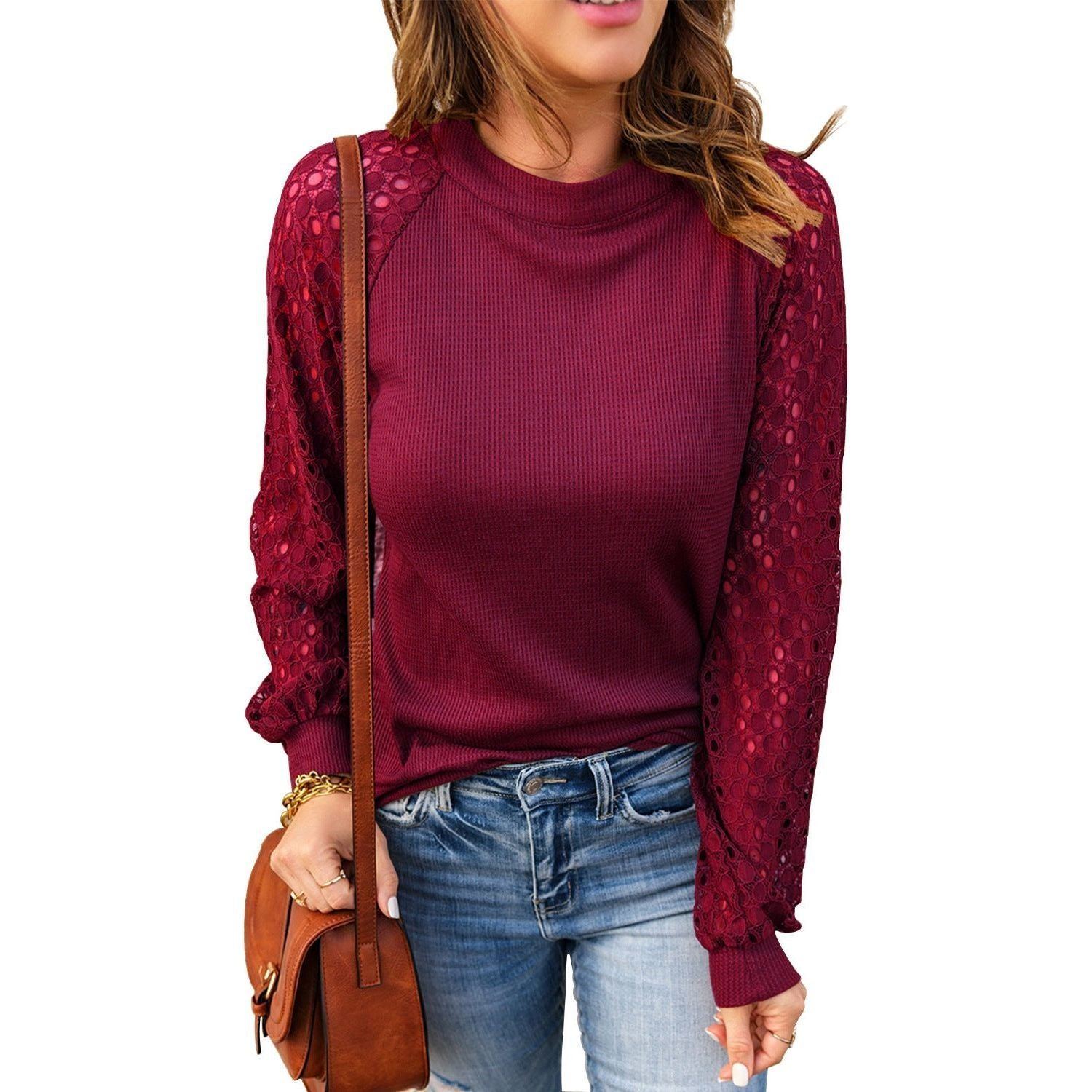 New Women's Round Neck Lace Stitching Long-sleeved Top T-shirt - Jointcorp