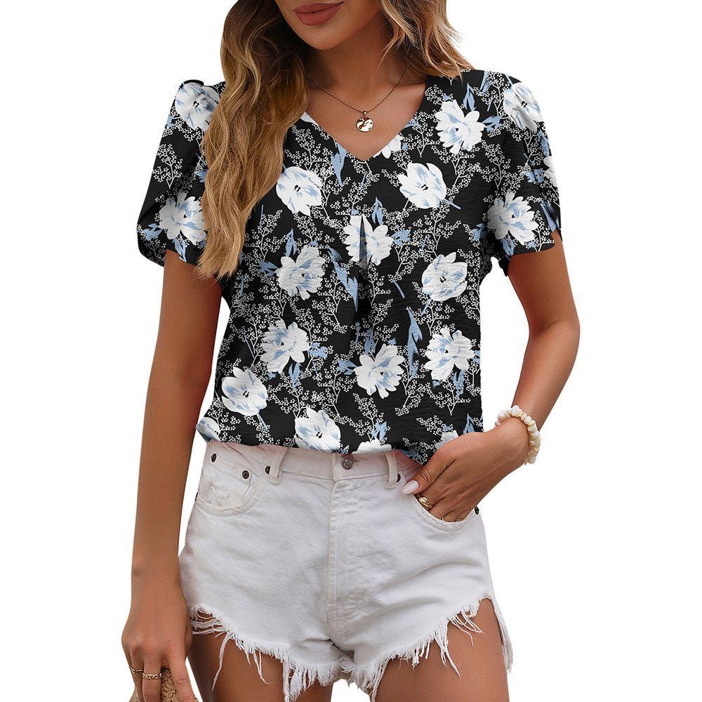 Summer New European And American Women's Clothing Casual V-neck Chiffon Shirt Puffed Sleeves Elegant Clothes - Jointcorp