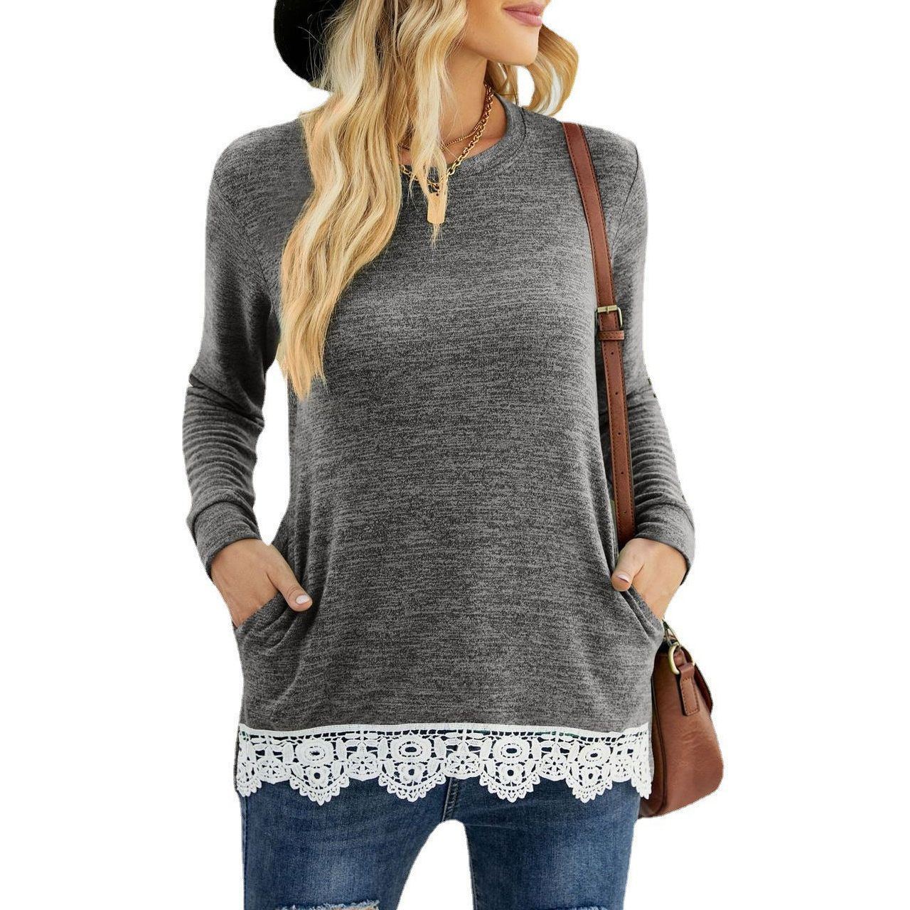 Round Neck Loose Leisure Pullover Pocket T-shirt Lace Stitching Coat