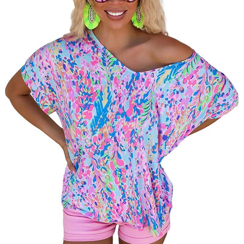 New Floral Painted T-shirt V-neck Short Sleeve Top