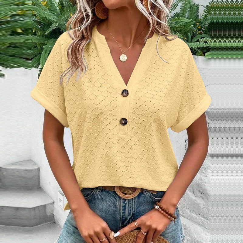 Women's Fashion Casual Solid Color Buttons V-neck T-shirt Women - Jointcorp