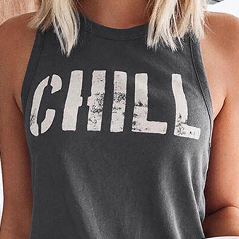 Summer Loose Round Neck Pullover Letter Print Sleeveless Outerwear Top