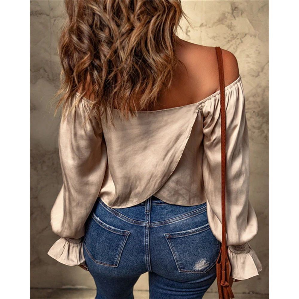 Casual Apricot Off-the-shoulder Pleating Wrist Long Sleeve Top