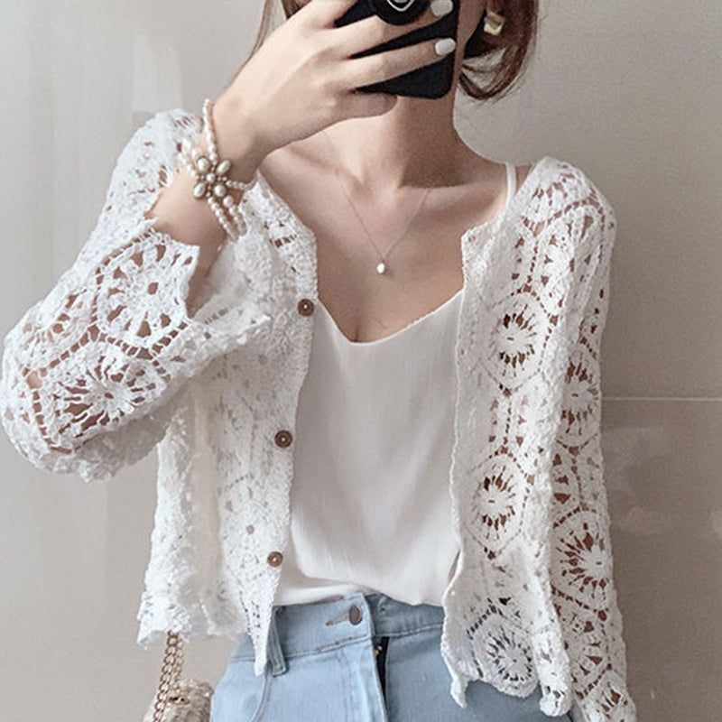 Crochet Lace Shirt Loose Sun Protection Long Sleeves