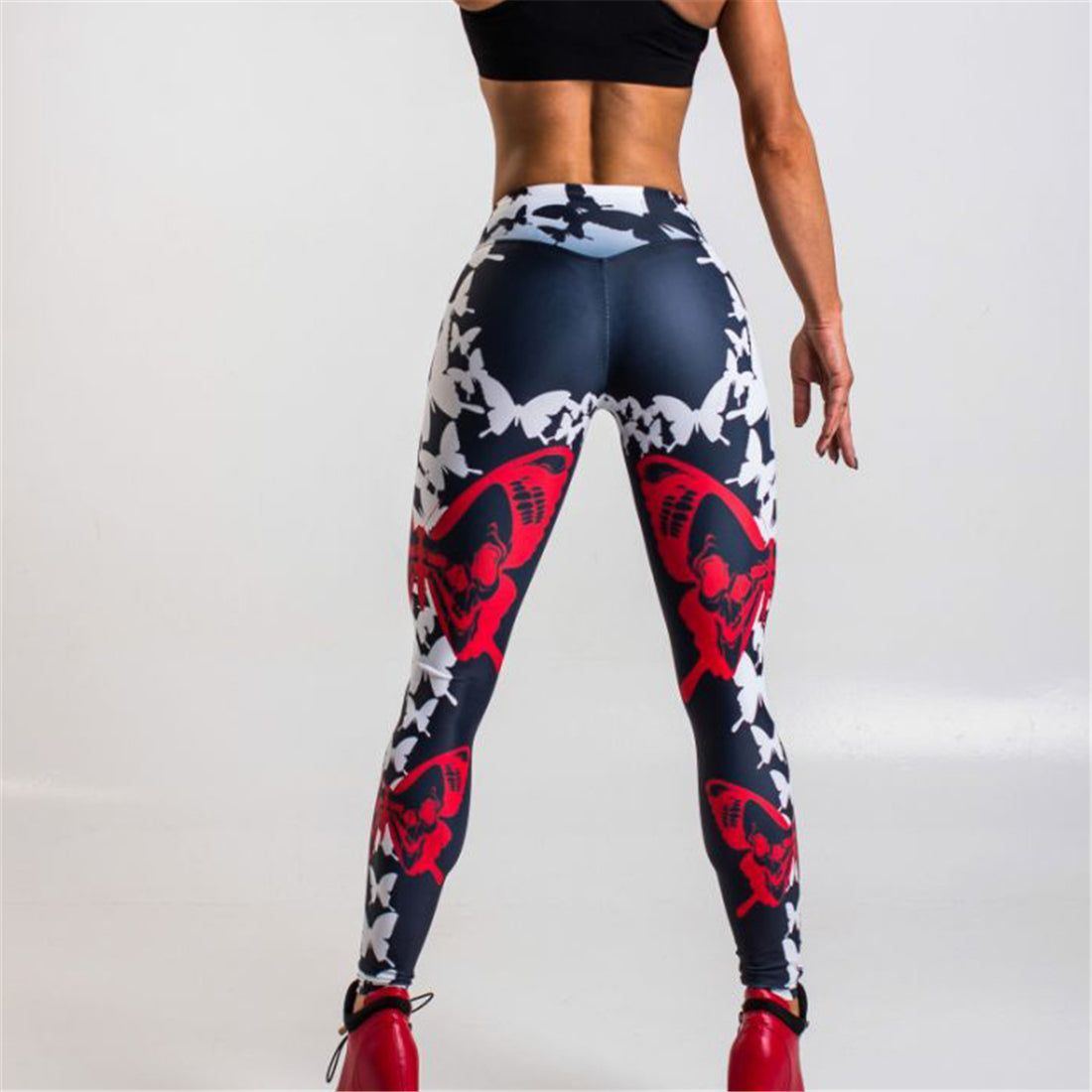 Red Butterfly Print Leggings Women's Sports Yoga Pants - Jointcorp