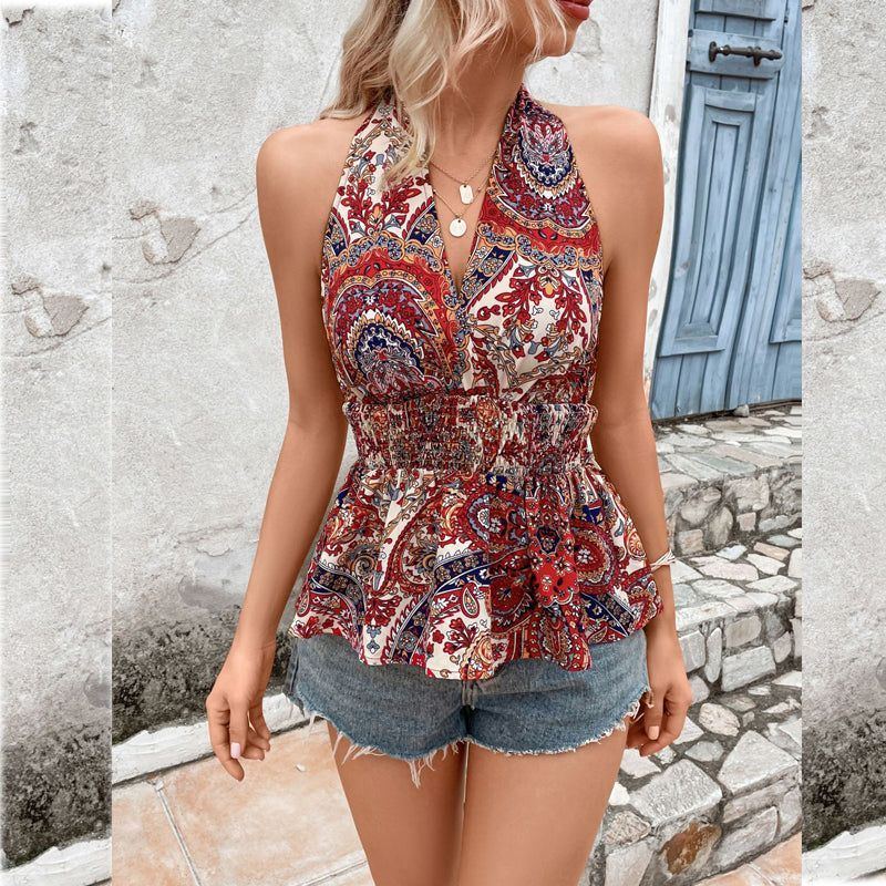 Women's Clothing Halter Sexy Backless Holiday Printing Slim-fit Tank Top - Jointcorp