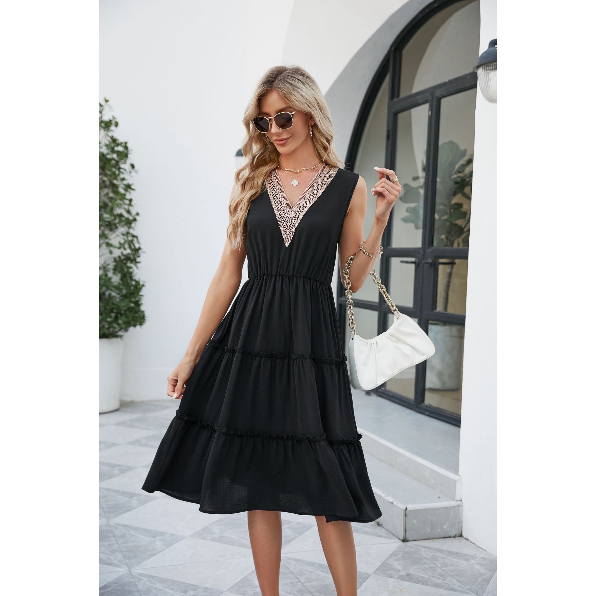 V-neck Dresses Women Sleeveless Pleated Ruffle Elegant Dress Beach Summer - Jointcorp