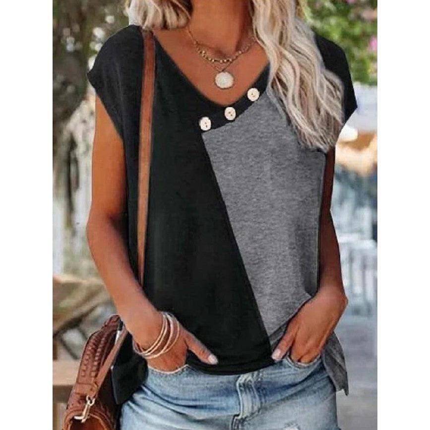 New Women's Stitching Contrast Color V-neck Button T-shirt Women