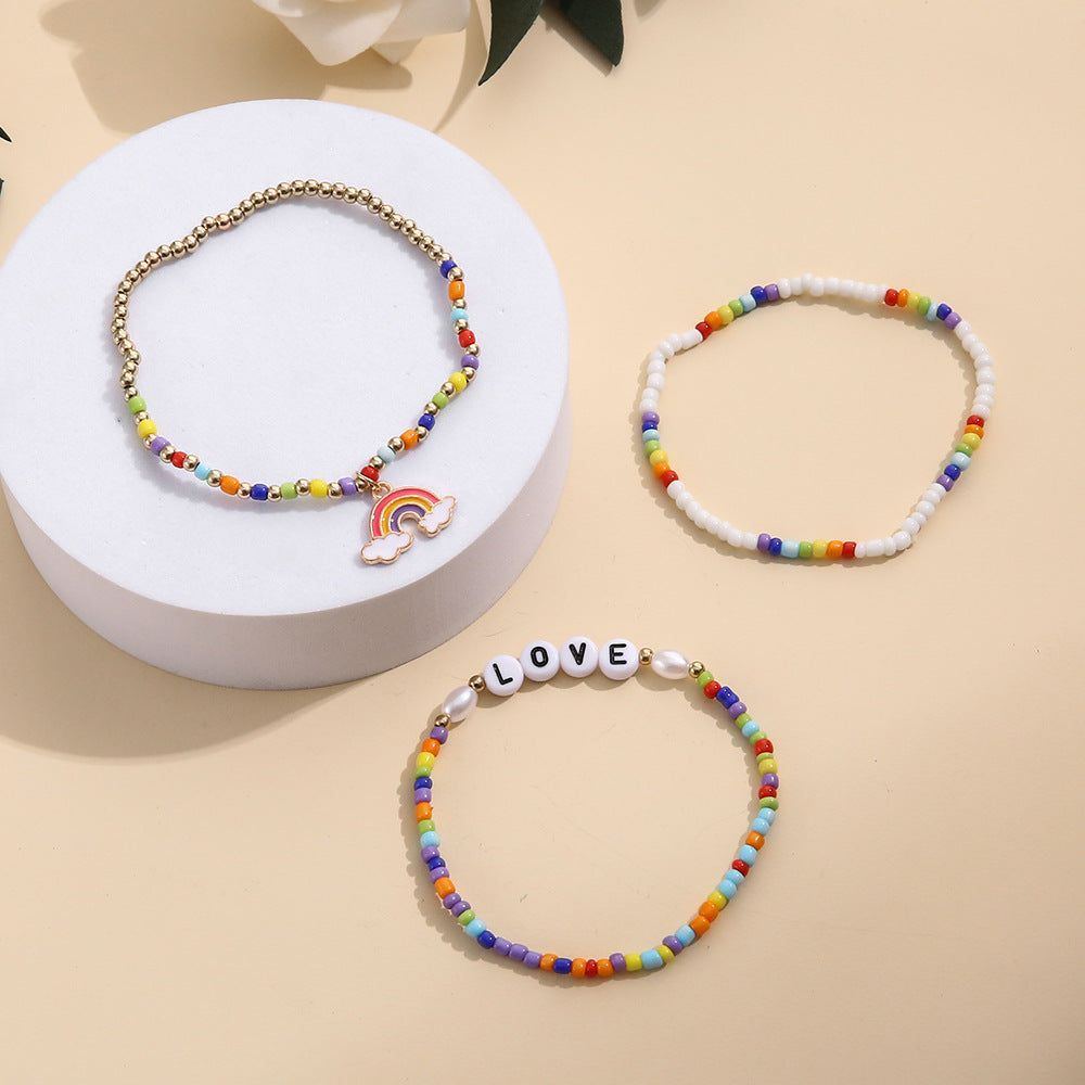 Bohemian Bead Letter LOVE Rainbow Pendant Three-piece Bracelet - Jointcorp