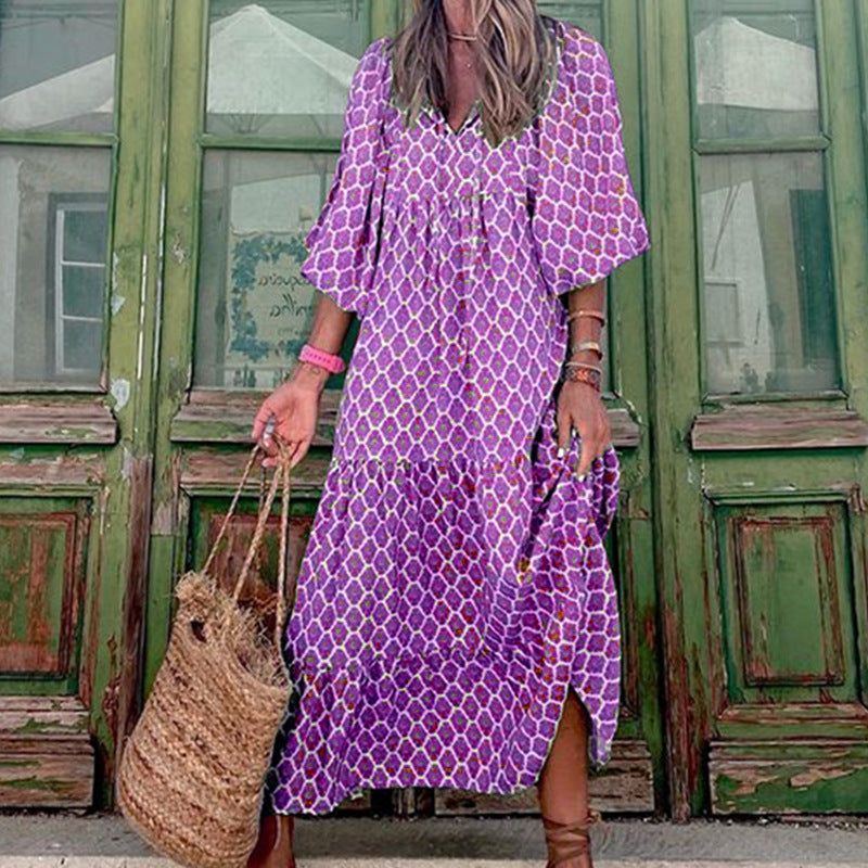 Summer Women's Vintage Printed Bohemian Dress Elegant Ladies Casual Loose V-Neck Short Sleeve Long Dresses - Jointcorp