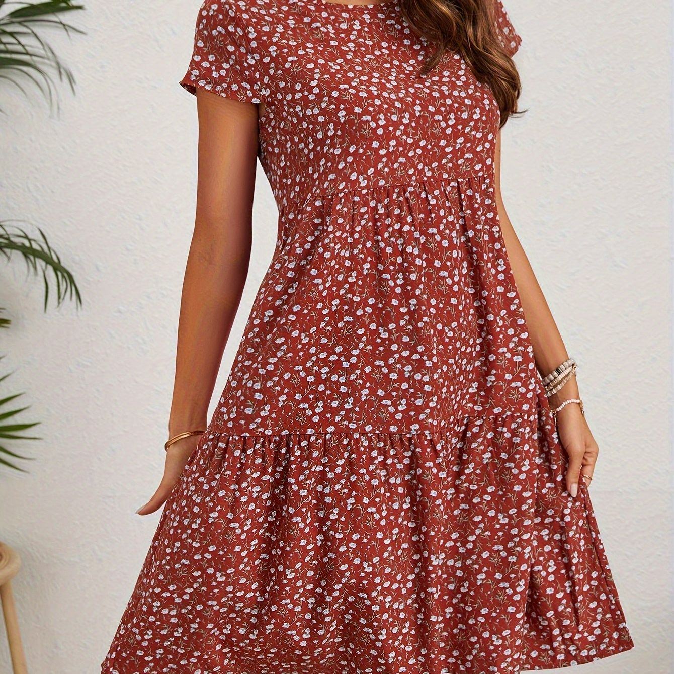 Floral Print Crew Neck Dress, Vintage Short Sleeve Dress For Spring & Summer, Women's Clothing