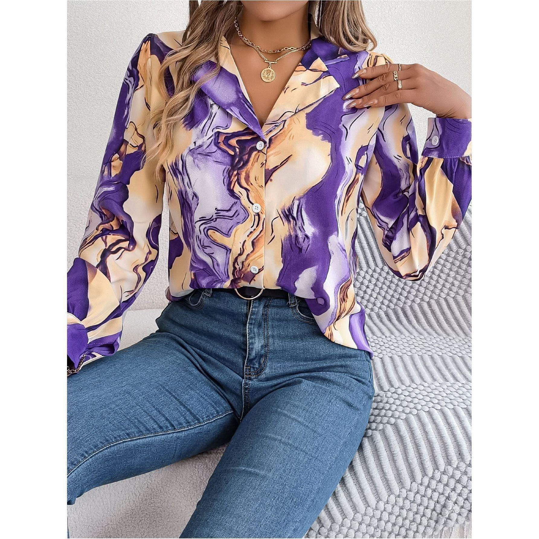 Casual Contrast Color Striped Shirt Suit Collar Long Sleeve Shirt