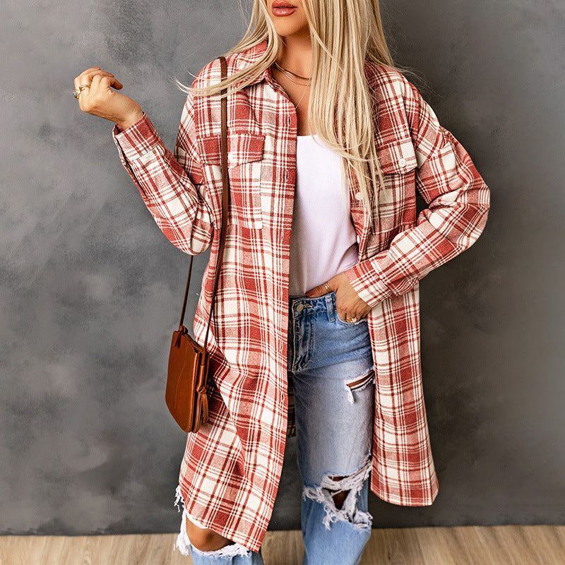 Women's Printed Checks Mid-length Shirt Coat