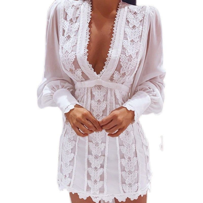 White Elegant Dresses Sexy V Neck Lace Dress Long Puff Sleeve Butterfly Dress For Women - Jointcorp