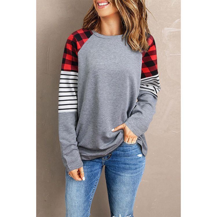 Women's Plaid & Striped Top w/ Color Matching, Long Sleeve.