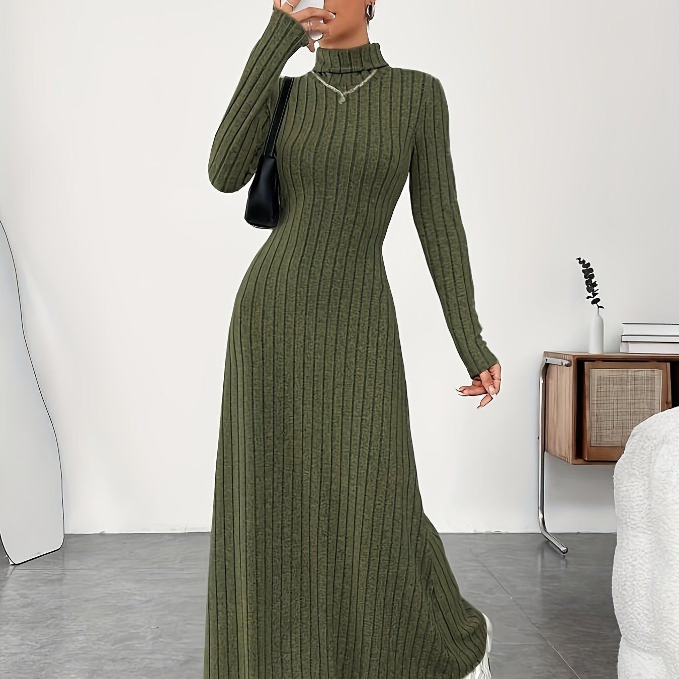 Solid Color Turtle Neck Ribbed Dress, Elegant Long Sleeve Flared Maxi Dress For Spring & Fall, Women's Clothing