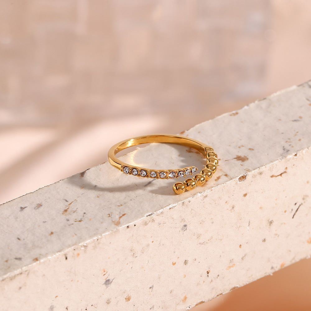 Women's Stainless Steel Asymmetric Beads Open-end Zircon Ring - Jointcorp