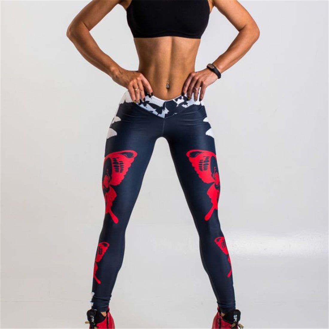 Red Butterfly Print Leggings Women's Sports Yoga Pants - Jointcorp