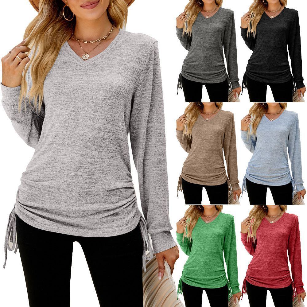 Women's Top Solid Color V-neck Hem Lace-up Long-sleeved Women's T-shirt