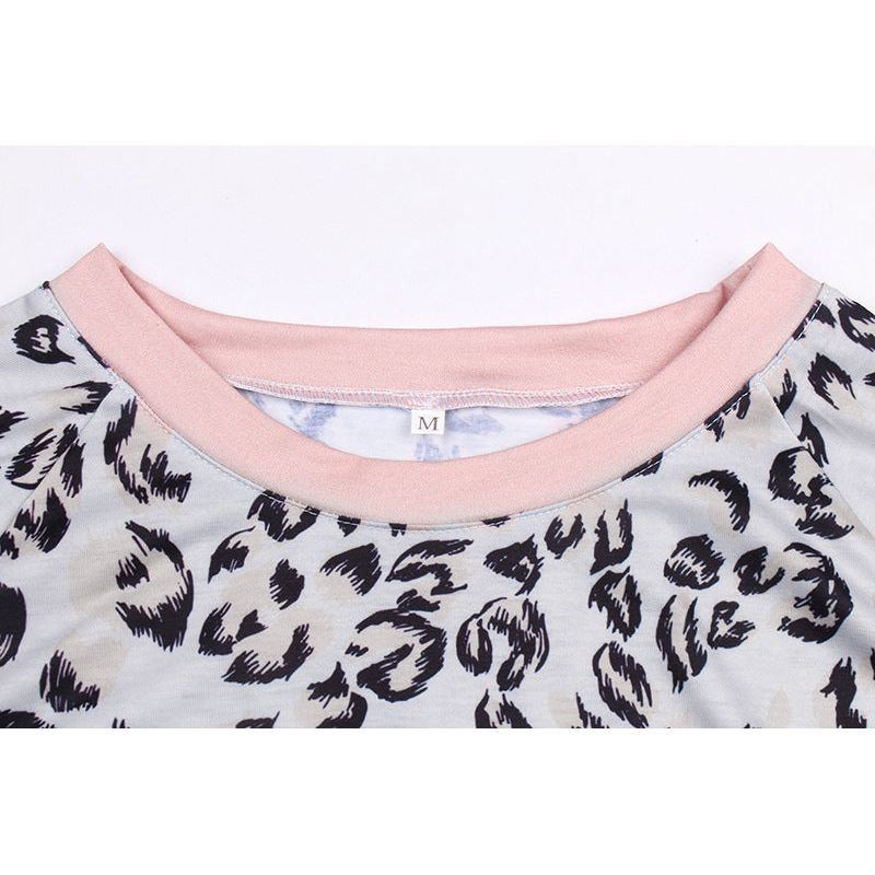 Leopard Print Contrast Color Round Neck Short-sleeved Casual T-shirt