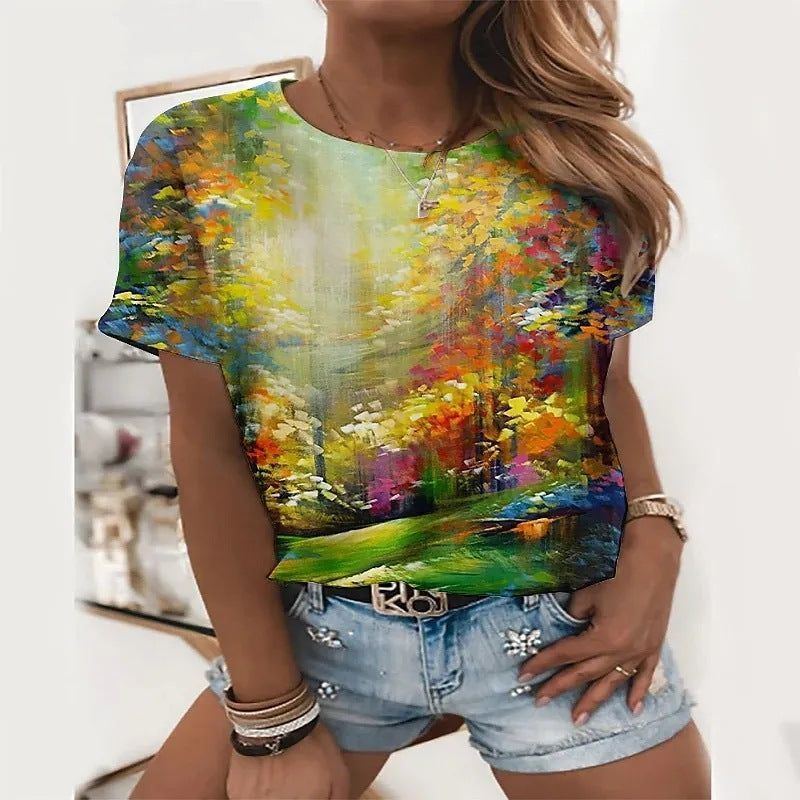 Round Neck Printed Fitness Short Sleeve Casual Loose-fitting T-shirt Retro Style
