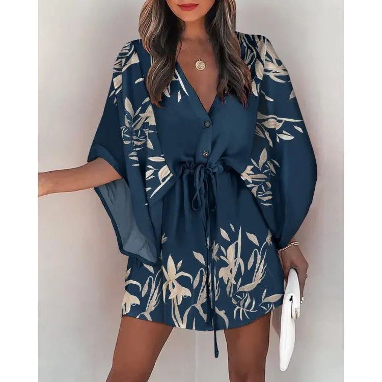 Women's V-Neck Tie Printed Beach Dress