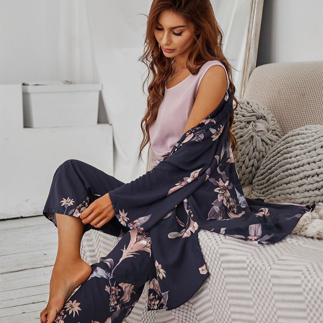 Women Pajamas Set Viscose Floral Printed Female Loose Sleepwear Nightwearar - Jointcorp