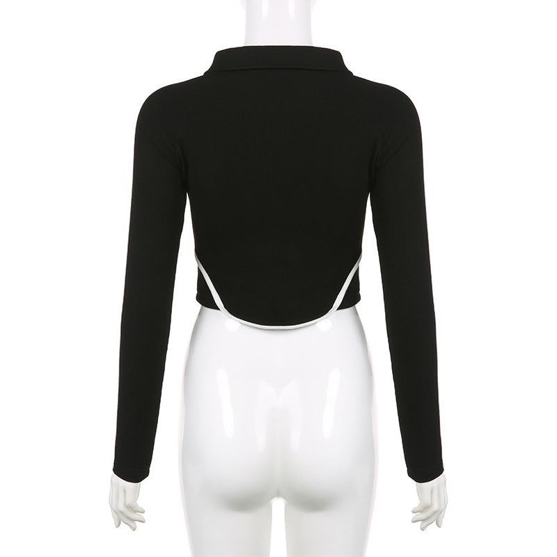 Sweet And Spicy Style Polo Collar Striped Short Stitching Coat Zipper Cardigan Long-sleeve T-shirt