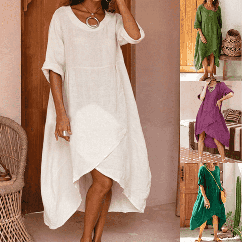Women Maxi Dress Neck Pocket Summer Loose Casual Baggy Robe Female Retro Long Dresses - Jointcorp