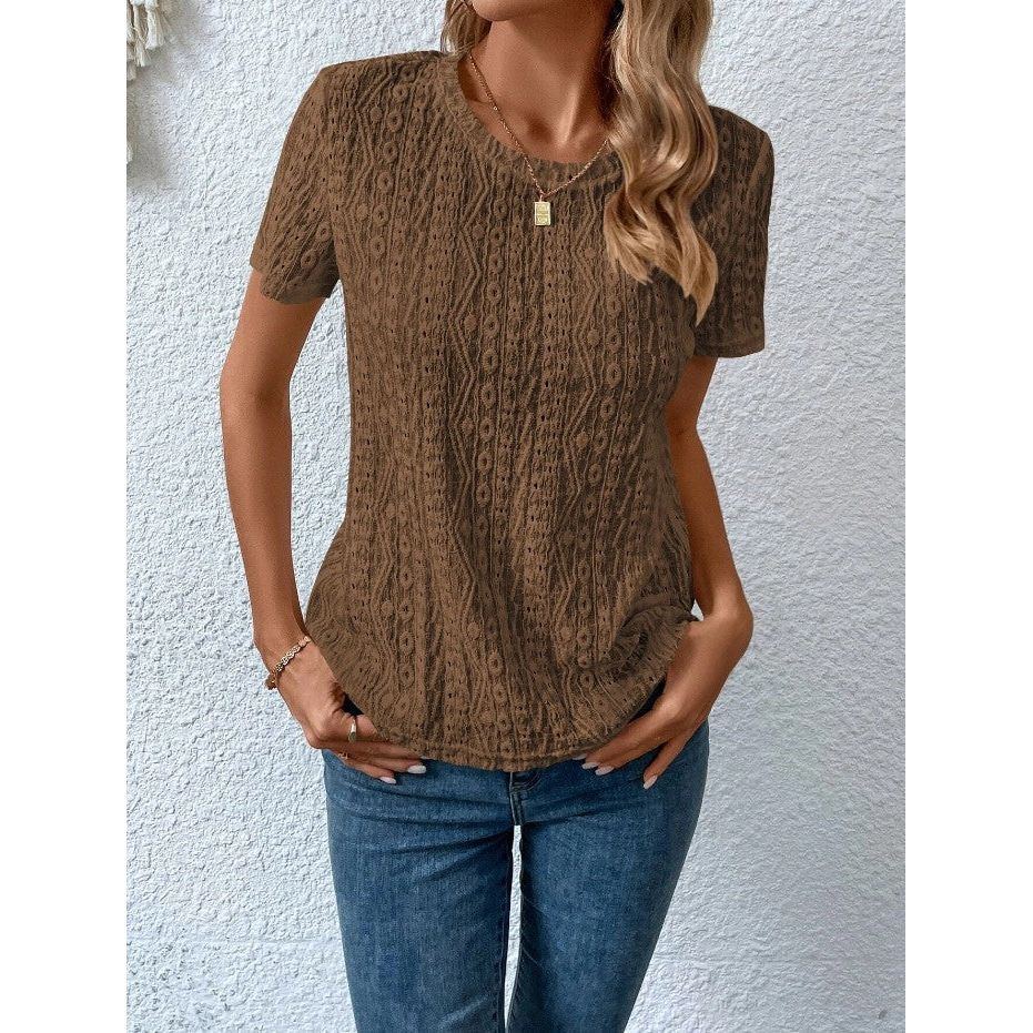 Hollowed Leisure Solid Color Round Neck T-shirt For Women