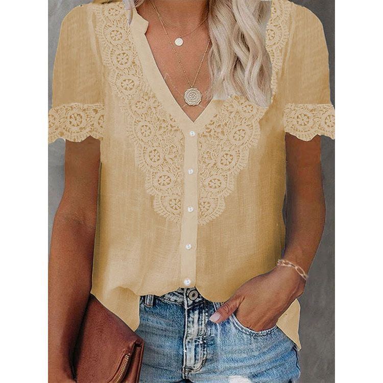 Summer New Women's Lace Stitching Tencel Short Sleeve Shirt