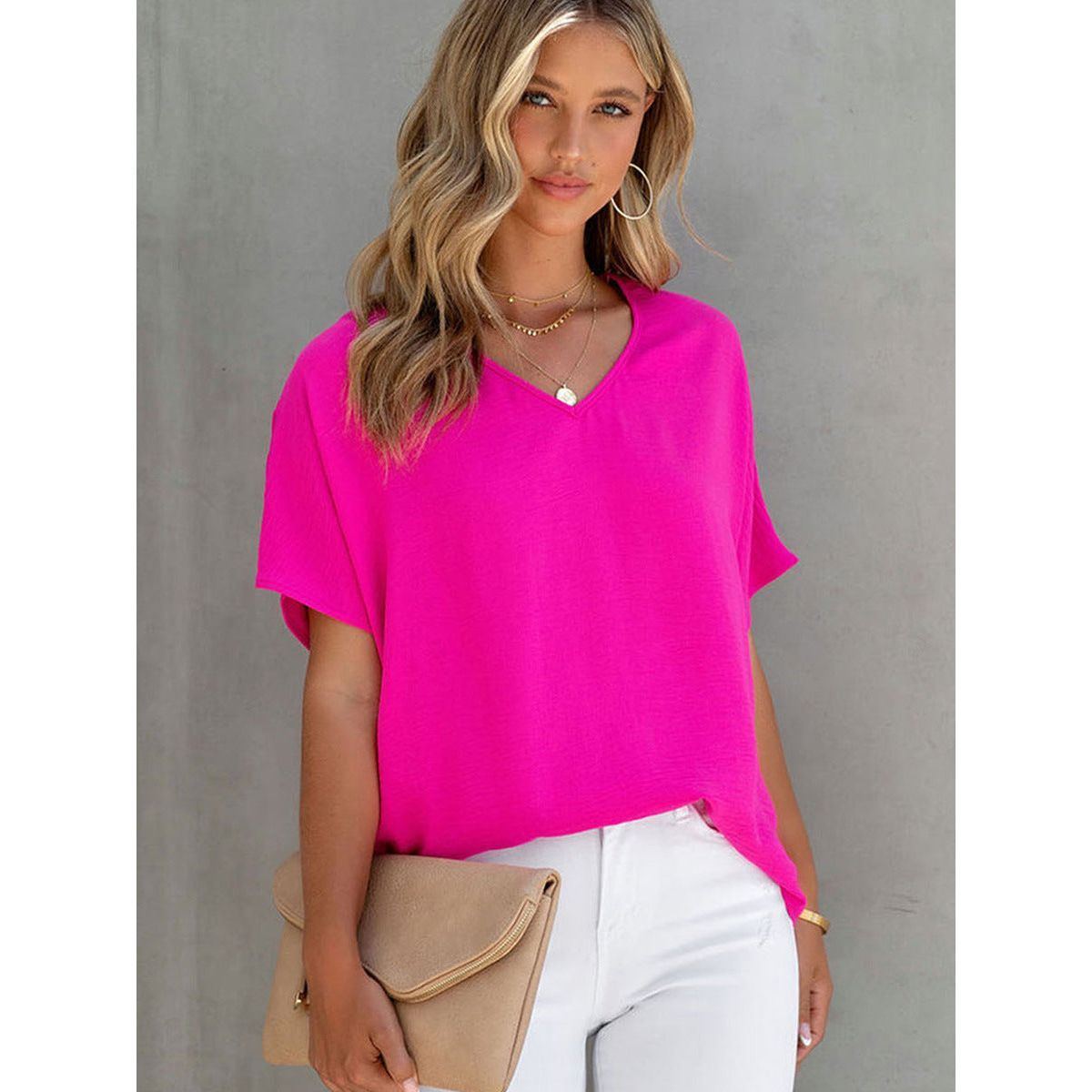 Leisure All-matching Solid Color T-shirt Loose Pullover V-neck Short-sleeved Top