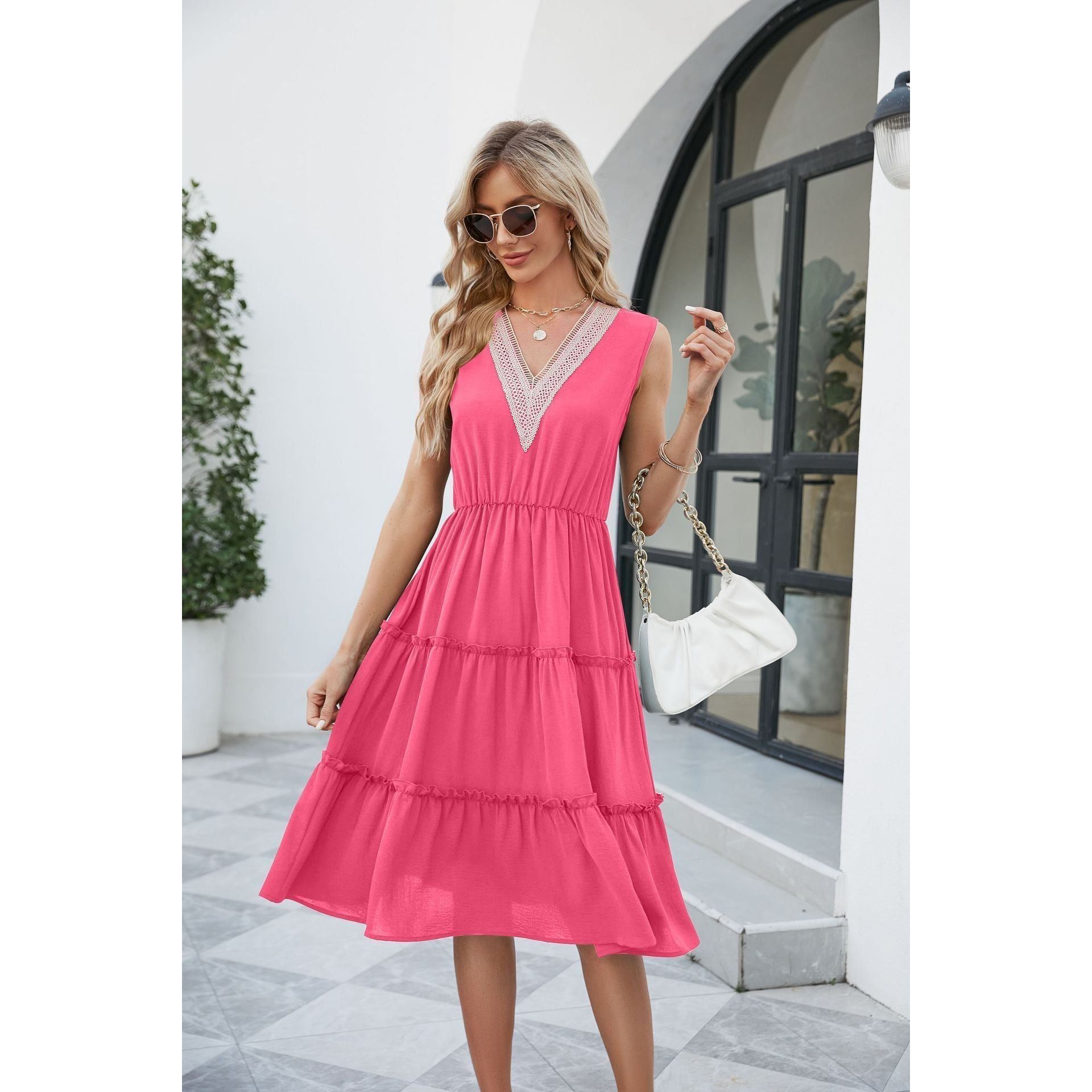V-neck Dresses Women Sleeveless Pleated Ruffle Elegant Dress Beach Summer - Jointcorp