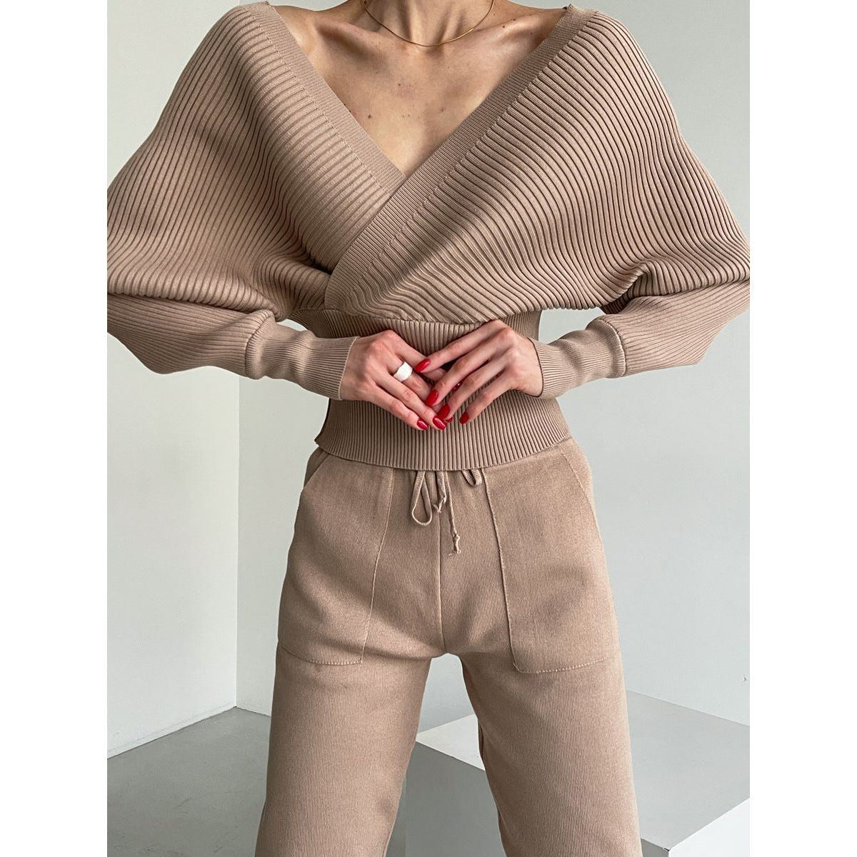 Leaky Shoulder Bat Sleeve V-neck Foreign Style Knitted Sweater Two-piece Set - Jointcorp