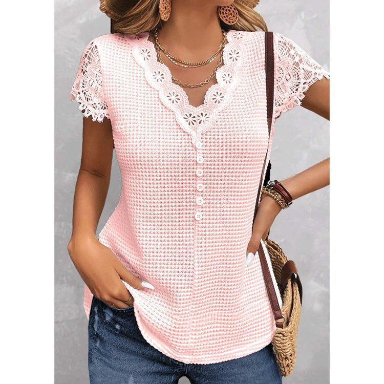 Spring And Summer Solid Color Lace V-neck Short-sleeved T-shirt - Jointcorp