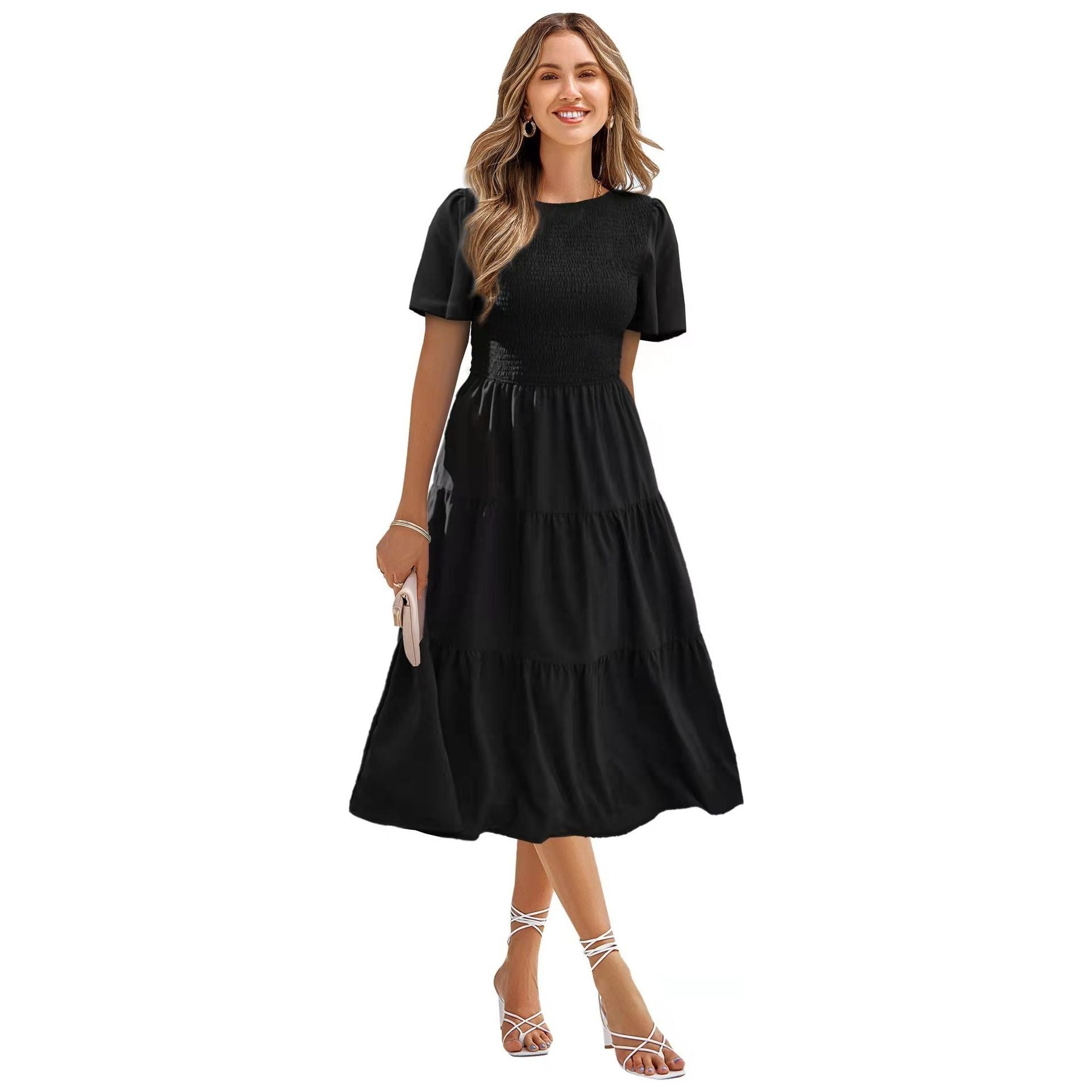 Women's Round Neck Smocked Short Sleeve Casual Dress Swing Flowy Ruffle Hem Mini Beach Summer Dresses - Jointcorp