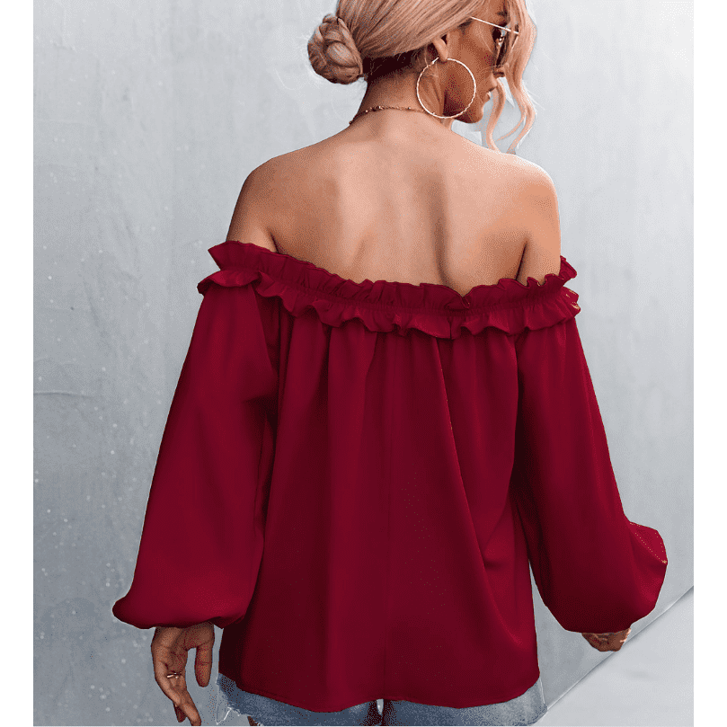 Solid Color Sexy Off-the-shoulder Lantern Sleeve T-shirt Top For Women - Jointcorp