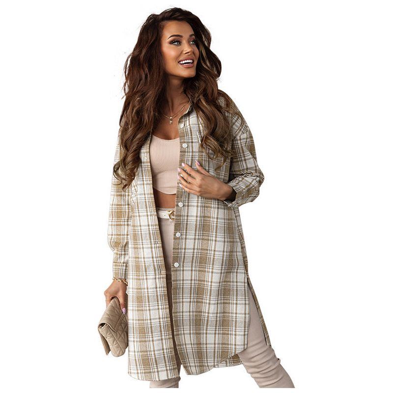 Women's Printed Checks Mid-length Shirt Coat