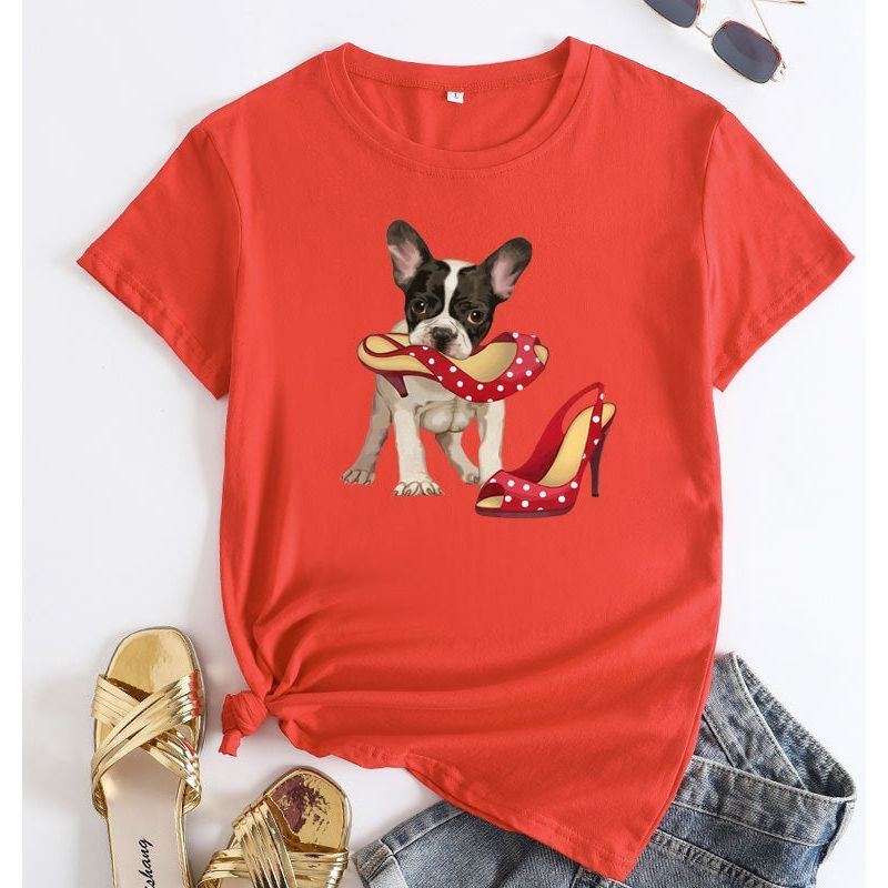 Loose And Cute Dog Print Pure Cotton Round Neck Short Sleeves