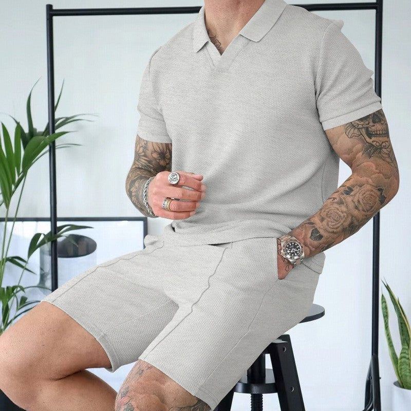 Men's Fashion Waffle V-neck Short-sleeved Shorts Two-piece Set - Jointcorp