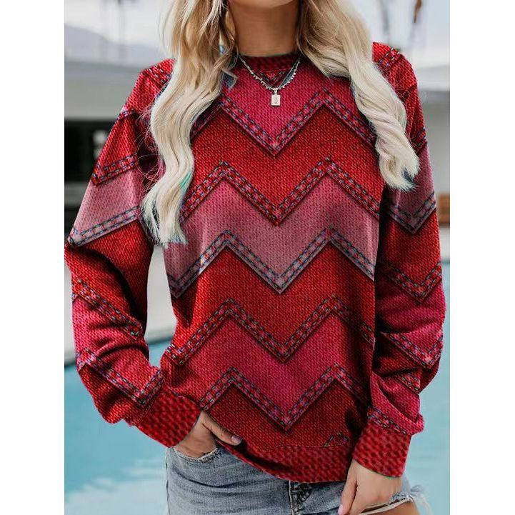 Color Block Denim Printing Casual Long-sleeved Geometric Sweater For Women