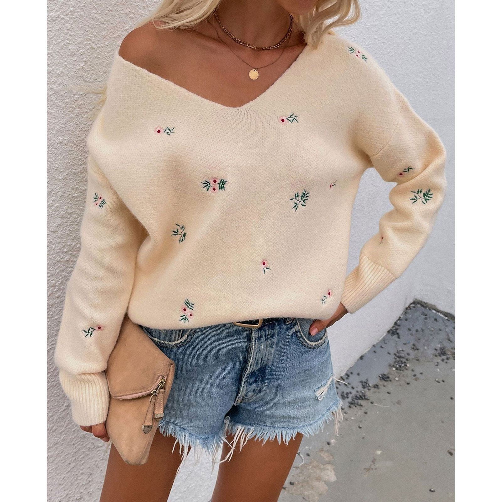 V-neck Pullover Beautifully Embroidered European And American Sweater Woman