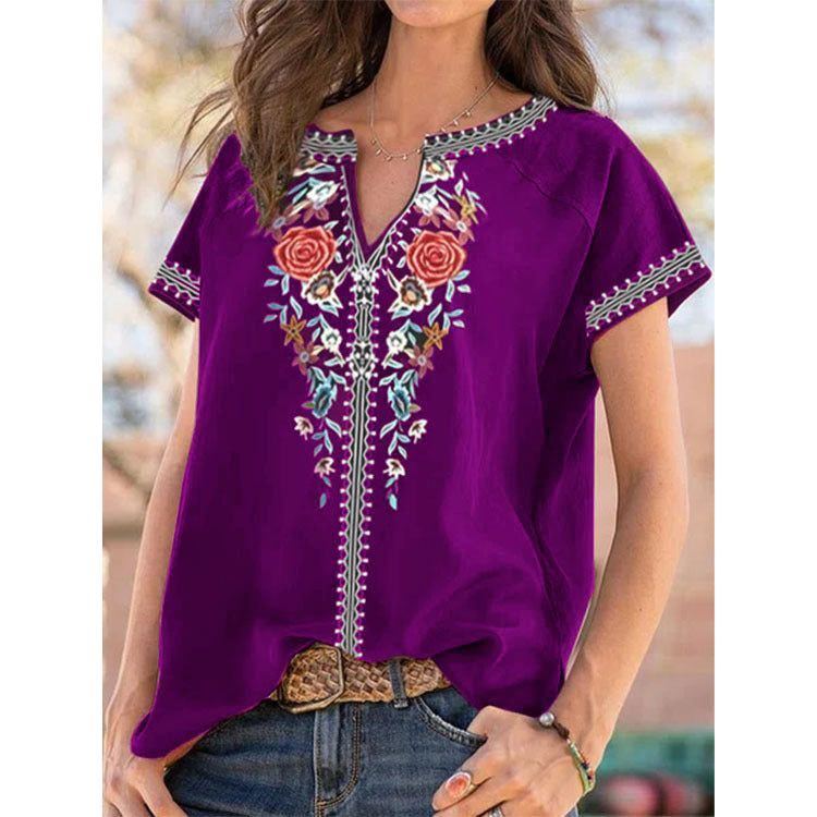 Summer New Ethnic Print Short Sleeve T-shirt Top Women