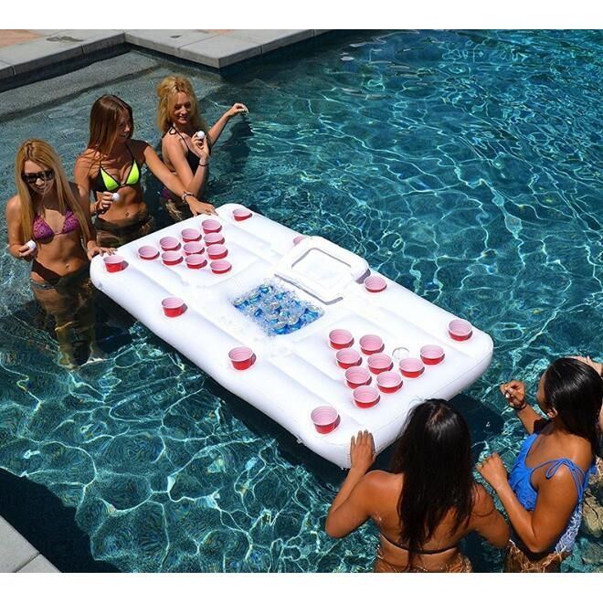 Water Party  Air Mattress Ice Bucket Cooler Cup Holder Inflatable Beer Pong Table Pool Float