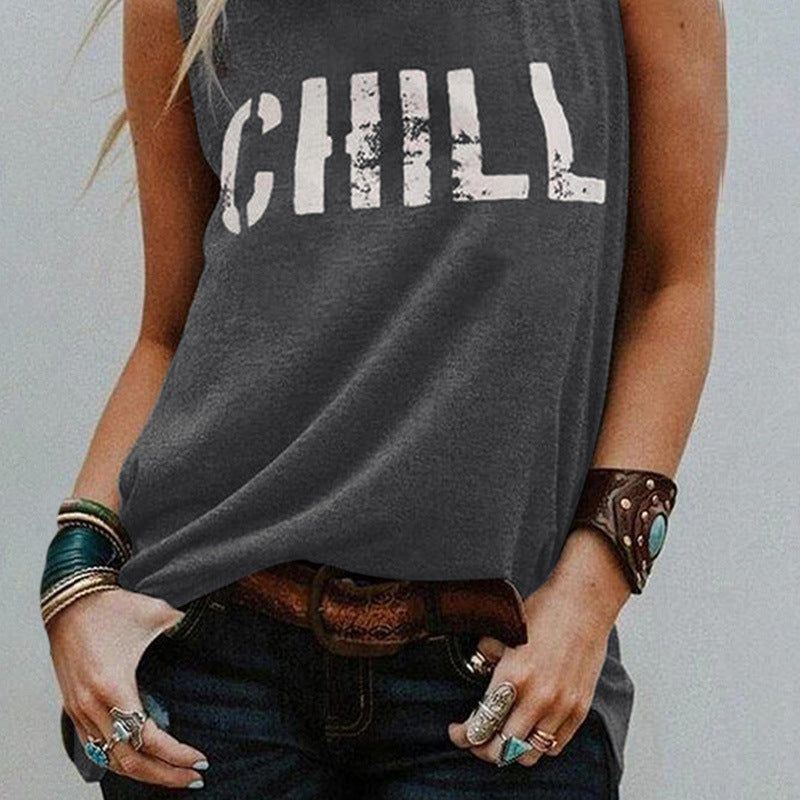 Summer Loose Round Neck Pullover Letter Print Sleeveless Outerwear Top