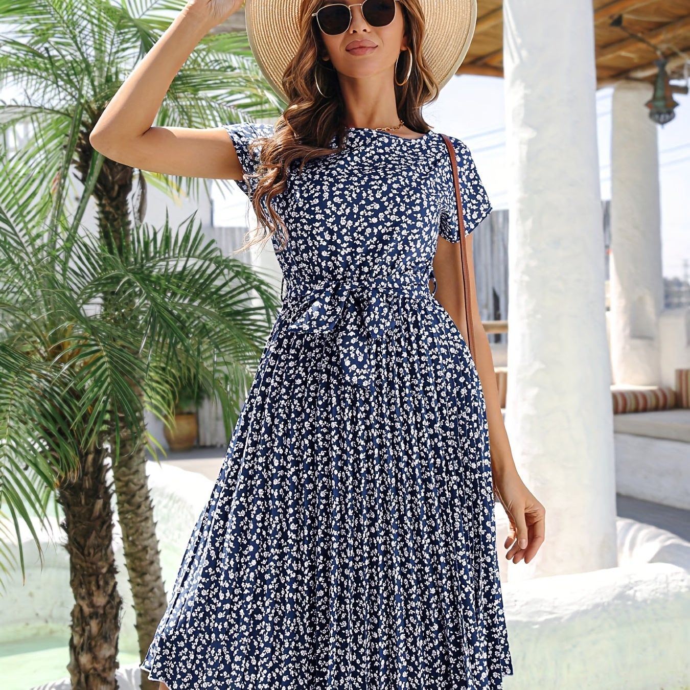 Floral Print Pleated Belted Dress, Elegant Short Sleeve Dress For Spring & Summer, Women's Clothing