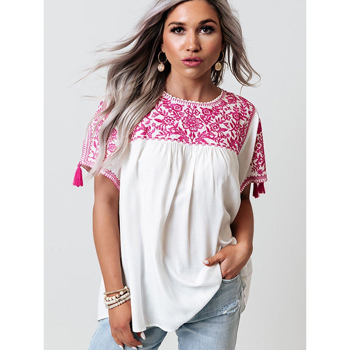 Embroidered Top Women's Short Sleeve Tassel Decoration
