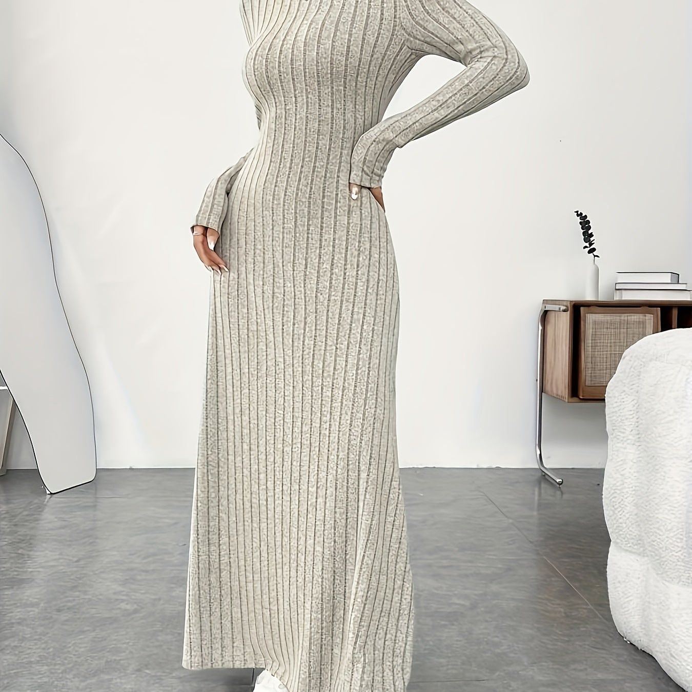 Solid Color Turtle Neck Ribbed Dress, Elegant Long Sleeve Flared Maxi Dress For Spring & Fall, Women's Clothing