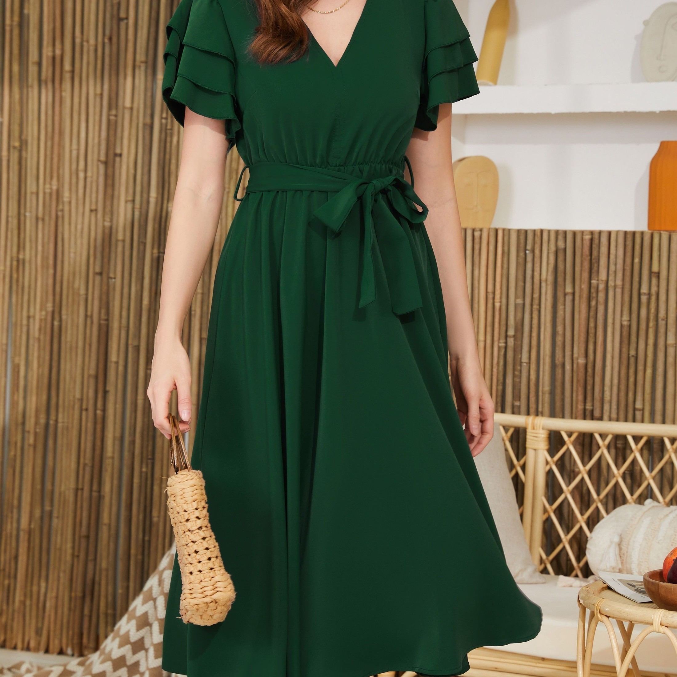 Belted Layered Ruffle Hem Dress, Casual V Neck Short Sleeve Dress, Women's Clothing